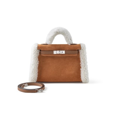 HERMES LIMITED EDITION ALEZAN SWIFT, CHAMOIS GRIZZLY AND ECRU SHEARLING TEDDY PLUSH MINI KELLY II 20 PALLADIUM HARDWARE H084115CKAC (19*12*6cm) HERMES LIMITED EDITION ALEZAN SWIFT, CHAMOIS GRIZZLY AND ECRU SHEARLING TEDDY PLUSH MINI KELLY II 20 PALLADIUM HARDWARE H084115CKAC (19*12*6cm)